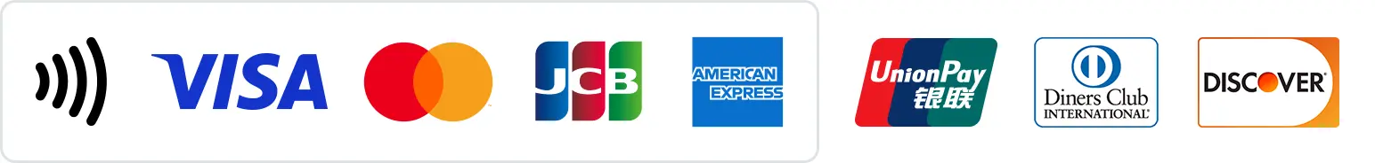 Visa（タッチ決済可）、Mastercard（タッチ決済可）、JCB（タッチ決済可）、アメリカン・エキスプレス（タッチ決済可）、UnionPay（銀聯）、ダイナースクラブ、DISCOVER