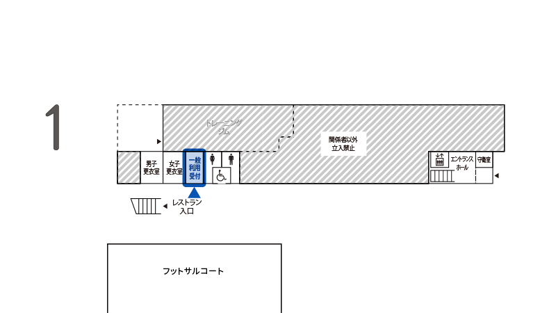 クラブハウス（管理棟）見取り図。一般利用受付はフットサルコートの近くにあります。