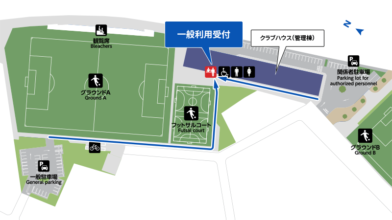 施設敷地内地図と一般利用受付への経路。通路を通り、クラブハウス（管理棟）とフットサルコートの間へ。