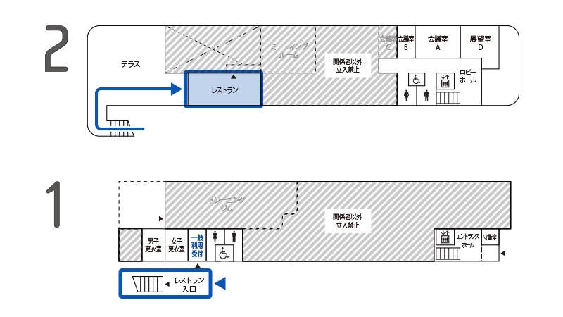 クラブハウス（管理棟）見取り図とレストランへの経路。